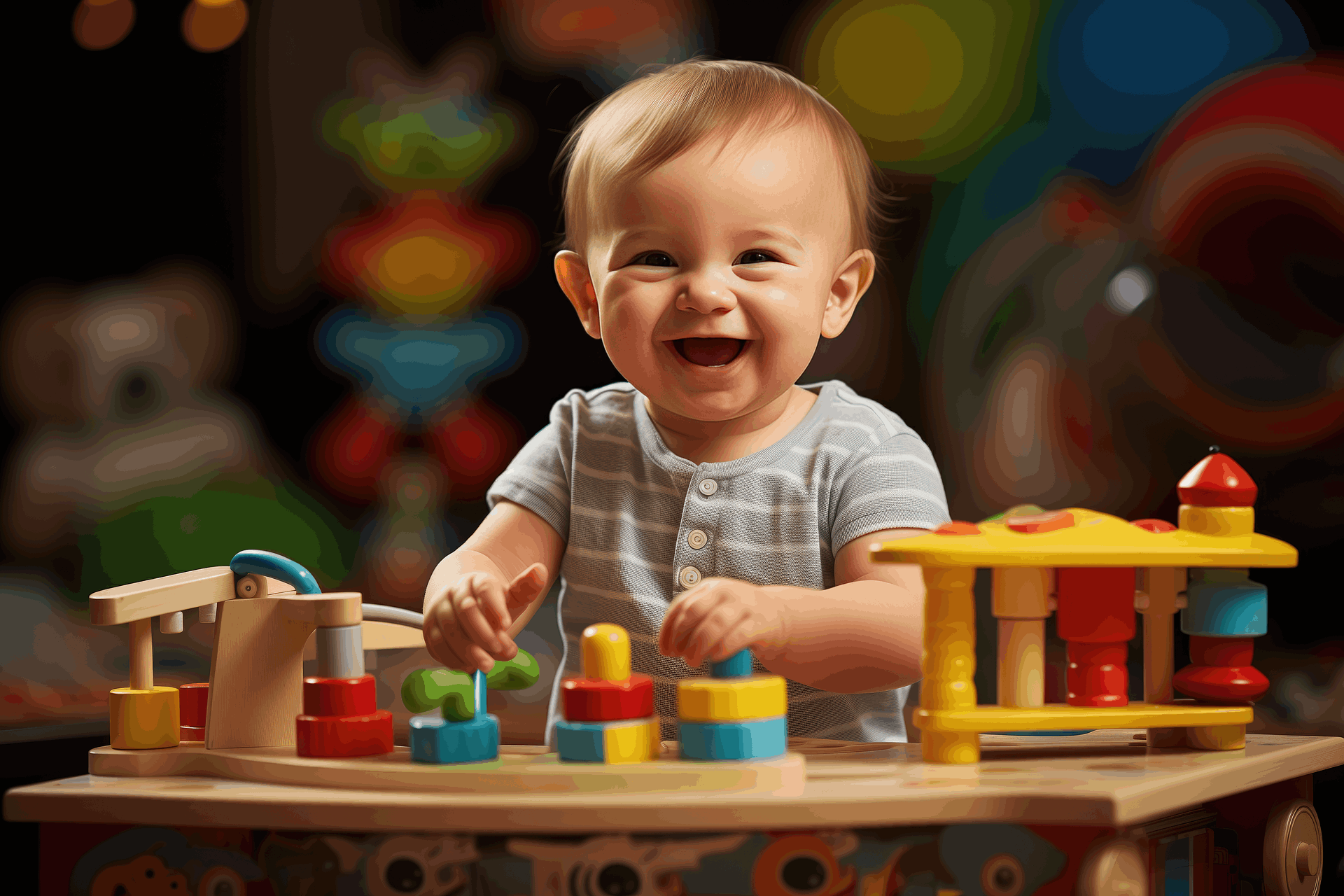 little happy boy laughing and playing with colorful blocks